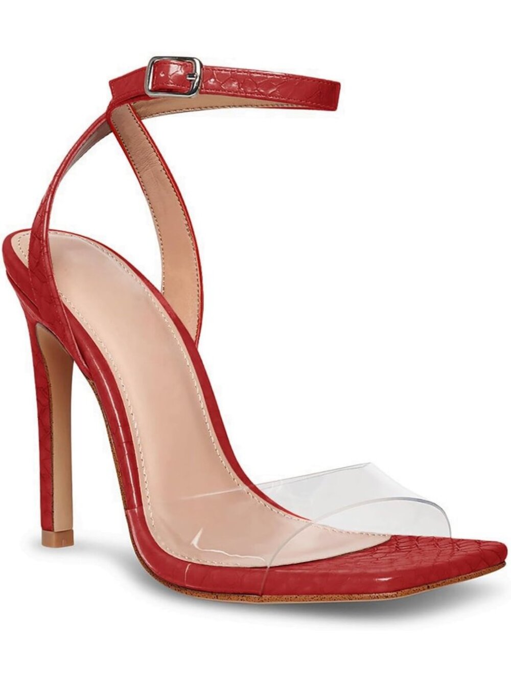 Women's Red Clear Heels Sandals Square Toe Ankle Strap High Heeled Stiletto